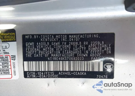 2007 Toyota Camry Se from USA, damaged, VIN 4T1BE46K57U692023